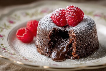Delicious chocolate lava cake with warm molten center, sugar powder, and fresh raspberries, symbolizing indulgence