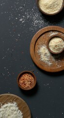 Grated cheese and chili flakes creating a savory texture on dark surface for culinary exploration