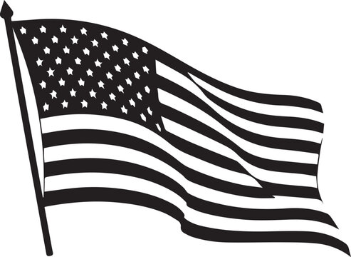 American flag waving on a pole vector silhouette illustration, patriotic line art graphic design