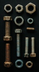 Nuts and bolts fasteners on black background, industrial connection concepts, engineering hardware supplies