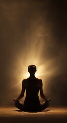 Woman meditating in lotus position with glowing light rays, showing spiritual energy, peace, and wellness