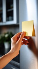 Woman's hand posting yellow sticky note on refrigerator door, representing reminder and organization