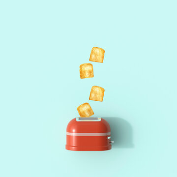 Red toaster with flying toast slices in minimal 3D breakfast scene