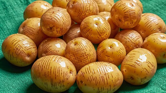 Fresh small potatoes on green cloth