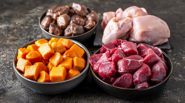 Raw pet food ingredients chicken, beef, sweet potato, giblets on dark surface