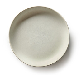 Empty light ceramic bowl in warm gray pastel color isolated on white background, top view