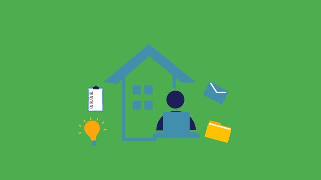 Work from home concept with person icon inside house surrounded by mail, lamp, and folder symbols representing online activity and creative productivity.