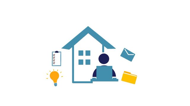 Work from home concept with person icon inside house surrounded by mail, lamp, and folder symbols representing online activity and creative productivity.