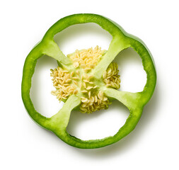 Fresh green bell pepper slice with seeds isolated on white background, top view