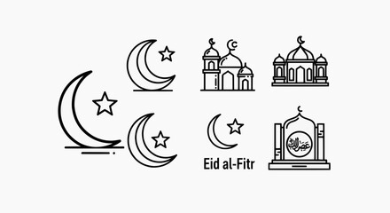 Obraz premium Abstract line-based Eid al-Fitr icon set expressing prayer movement, generosity flow, festive gathering, and new beginning concept