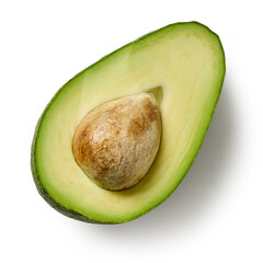 Fresh green avocado half with pit isolated on white background, top view