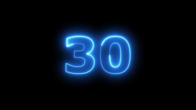 Blue neon number thirty glowing on black