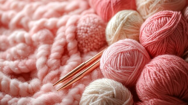 A bunch of yarn and knitting needles on a pink background. The yarn is pink and white and the needles are silver