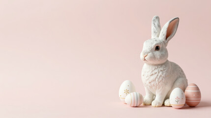 Obraz premium White rabbit with decorated easter egg on pastel pink background creating gentle holiday scene with soft light and delicate composition