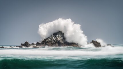 violently. A massive wave hurls seaweed into the air from a rocky outcrop during a storm. ESG reports, sustainability campaigns, designed for environmental awareness campaigns.