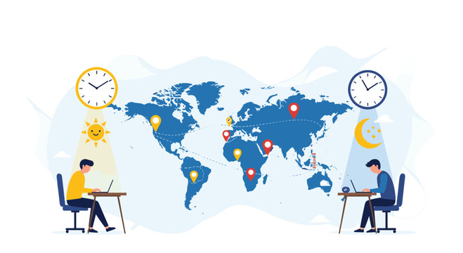 Global business concept showing people working remotely across different time zones with world map and day night clock icons.