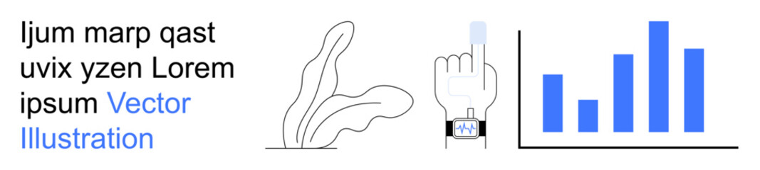 Obraz premium Business growth, digital marketing, technology interaction, data analysis, statistics, strategy brainstorming. Bar chart, hand touching a smartwatch abstract organic shapes. Business growth