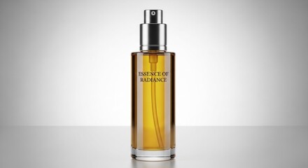 Naklejka premium A perfume bottle with a silver cap and a golden liquid inside, standing upright on a white surface with a gray background.