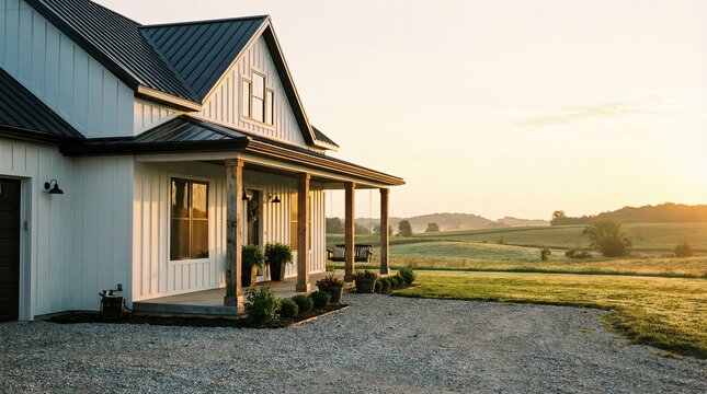 Modern farmhouse exterior, white board and batten siding