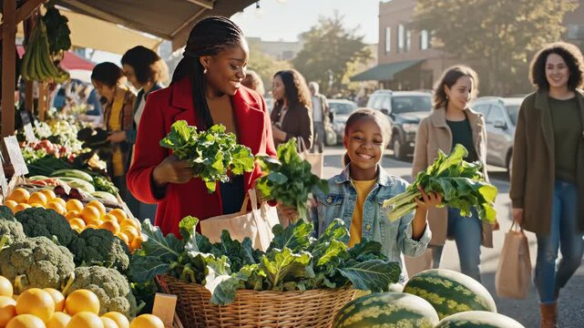 Woman and girl selecting vegetables at market