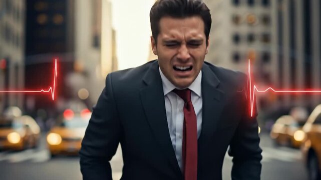Cardiovascular distress with visual cardiogram representation symbolizing heart health concerns, disease prevention, and emergency medical treatment in a busy urban setting,