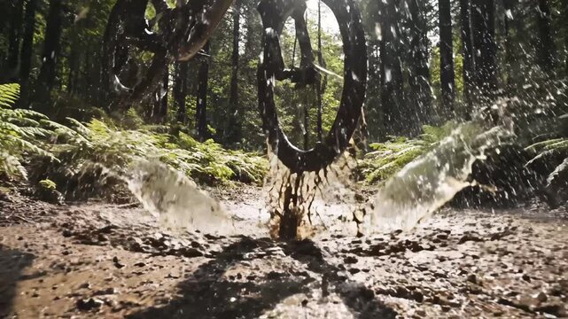 Mountain bike wheel splashing in muddy puddle
