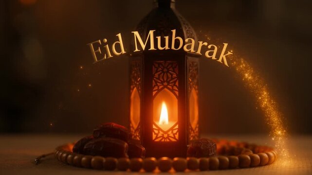 Eid Mubarak Lantern with Warm Golden Lighting and Ornate Details on Beaded Rosary for Islamic Greeting Card