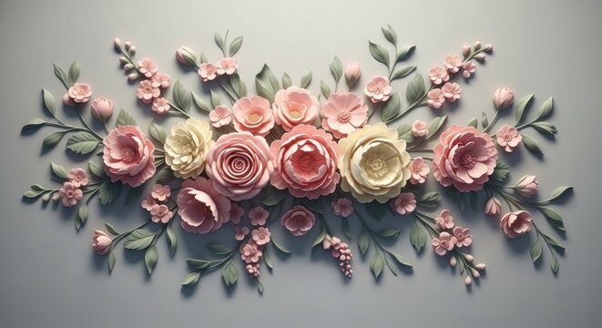 A detailed, realistic paper flower arrangement with a variety of pink and yellow flowers, green leaves, and intricate details on a white background.