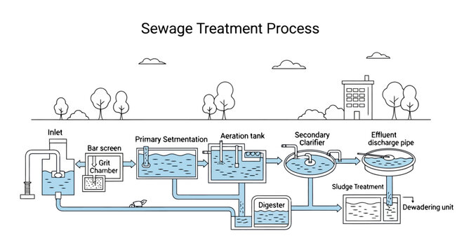 Diagram of a sewage treatment process showing different stages.