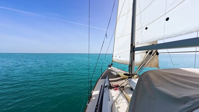 Landscape view from bow of luxury sailing boat yacht with detail of main mast and rigging showing blue ocean background
