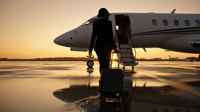 Woman walking towards private jet with luggage at sunset, travel concept.