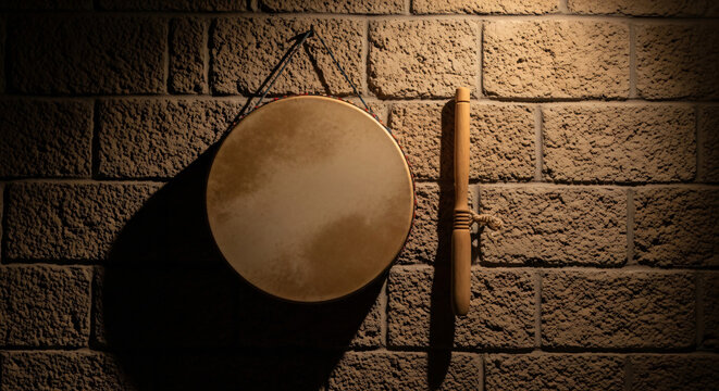 Dramatic Spotlight on Traditional Musaharati Drum and Wooden Stick Against a Rustic Brick Wall Texture