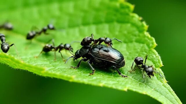 Ants attacking beetle on leaf nature scene, predation behavior, teamwork, macro photography, extreme close-up, wildlife, ecosystem interaction.