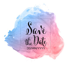 This Save the Date card features a beautiful watercolor splash in blue and pink hues. The Save the Date text is written in elegant calligraphy over a watercolor background.