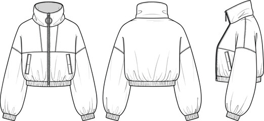 Technical flat sketch of women's cropped puffer jacket with high funnel neck, ring zipper pull, elasticated hem, fashion design vector template © Zaidul