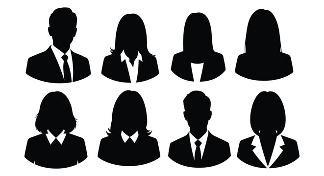Collection of diverse professional business male and female avatar silhouettes for corporate design elements