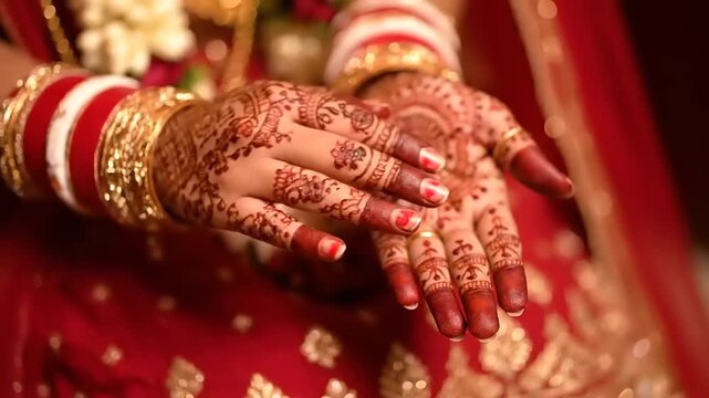 Bengali bride presents henna painted hands in wedding ceremony, wearing shakha pola and gold, in traditional rich, red dress, closeup detail.