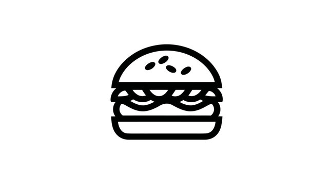 A simple, black-and-white icon depicting a hamburger on a plain white background. The burger has seeds