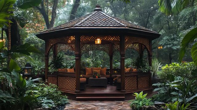 Beautiful wooden gazebo in lush green forest setting.