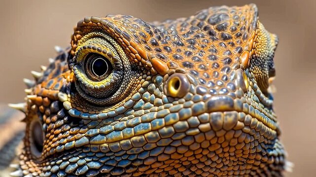 An extreme close-up shot reveals the intricate details of a fascinating reptile's head, showcasing its mesmerizing, textured scales in vibrant orange, blue, and yellow hues. The creature's watchful ey