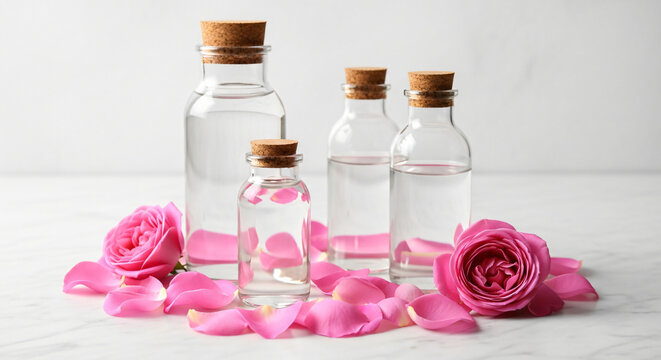 Glass Bottles Of Rose Water Or Essential Oil With Fresh Pink Roses And Petals On White Marble Countertop For Natural Skincare