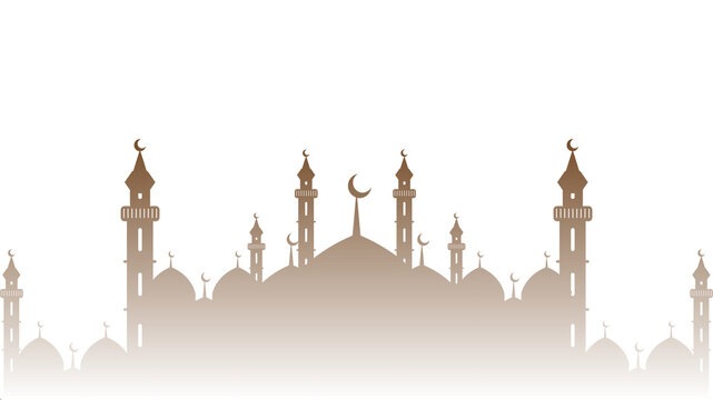 Golden mosque silhouette with crescent moons and minarets, Islamic architecture skyline, Ramadan and Eid Mubarak background, luxury arabesque design isolated on black backdrop.