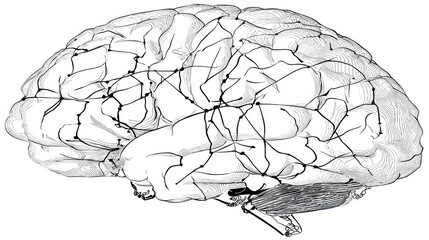Fototapeta premium Human Brain Anatomy Structure Illustration in Black and White with Detailed Folds and Lobes Emphasizing Biological Complexity and Medical Detailing on White Background