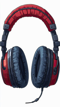 Detailed illustration of pair of over-ear, red and black studio headphones with plush earcups and padded headband, designed for immersive audio experiences, music production, and gaming, featuring cla