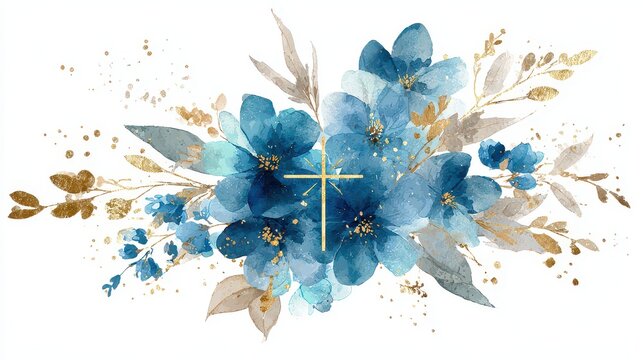 Watercolor Blue Floral Bouquet with Golden Accents and Cross Illustration on White Background for Religious Occasions and Elegant Design