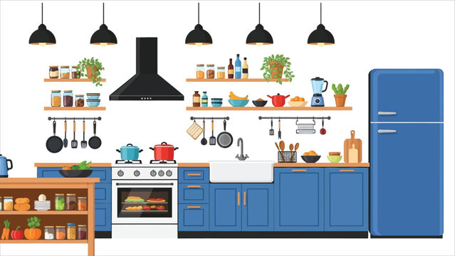 Contemporary Kitchen Interior with Cooking Island, Modern Appliances and Fresh Ingredients