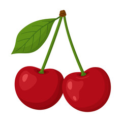Two ripe red cherries joined by single stem with green leaf. Hand drawn trendy flat style. For food designs, summer graphics, packaging, stickers, menus, healthy lifestyle themes. Vector illustration © Aikaterini