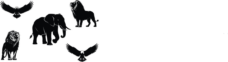 Obraz premium Vector graphics of majestic animals lion elephant and eagle silhouettes