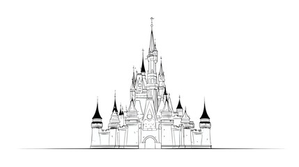Obraz premium Black and white illustration of a large castle with towers and spires set against a white backdrop