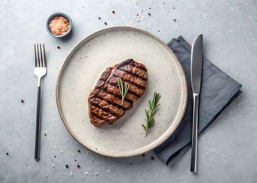 Grilled steak on a plate with rosemary and seasoning ready to eat with knife and fork on a gray table